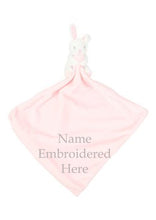 Load image into Gallery viewer, Baby Rabbit Pink Embroidered Name Comforter with Rattle.
